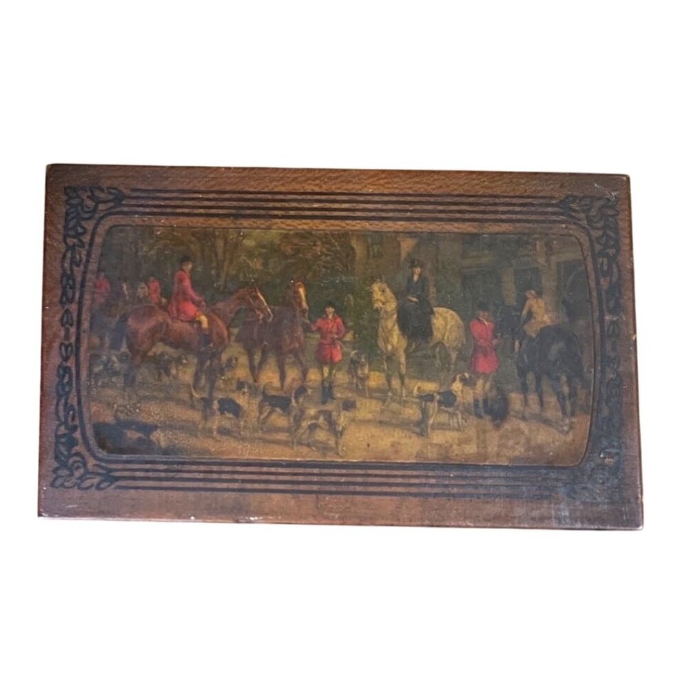 Vintage Moody Art Wooden Box Hinged Equestrian Hunting Dogs - Picture 2 of 6